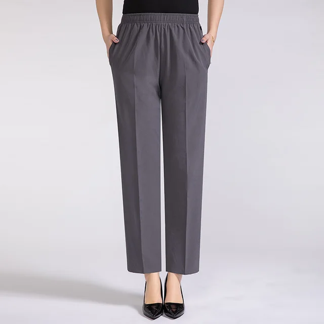 Summer Mother's Thin Cropped Pants New Ice Silk Elastic High Waist Plus Size Outer Wear Trousers 1199 Dark Khaki - Shop at LoveMi