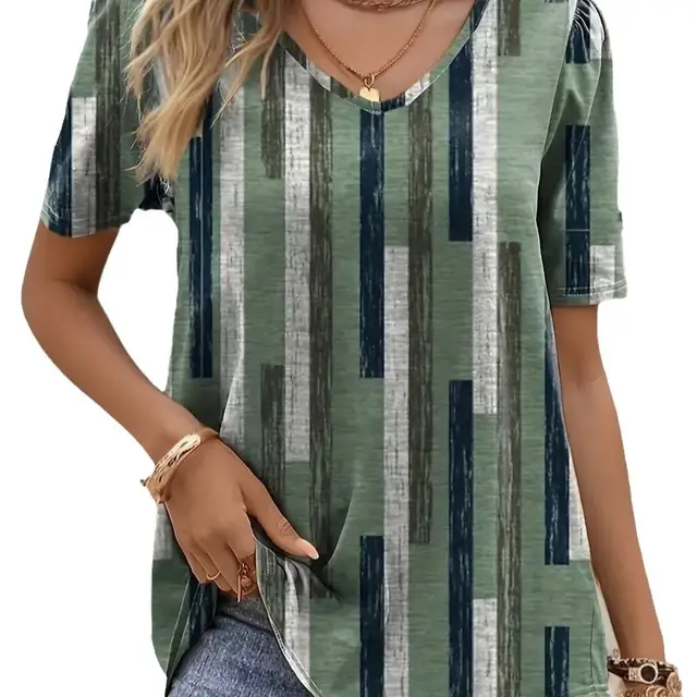 Women's Striped 3D Printed V neck Casual And Comfortable Short Sleeve Army Green - Shop at LoveMi