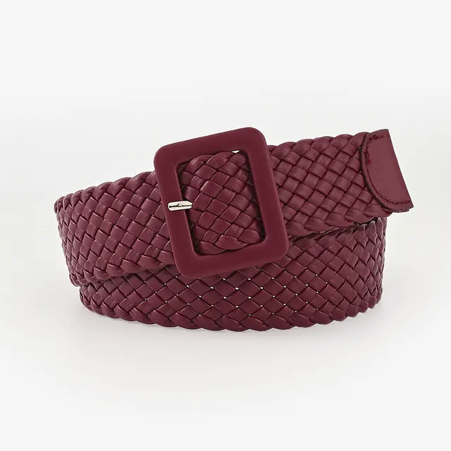 Candy Color Bag Buckle Belt Sweet Decorative Square Woven Ladies Wide Wine Red - Shop at LoveMi