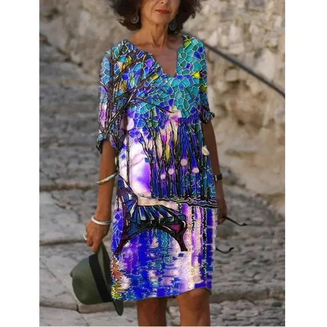 Women's Printed Loose Bamboo Fiber Linen Floral Short Sleeves Element 2 - Shop at LoveMi