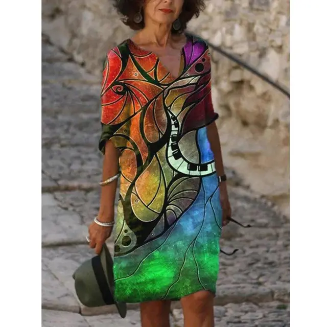 Women's Printed Loose Bamboo Fiber Linen Floral Short Sleeves Element 5 - Shop at LoveMi