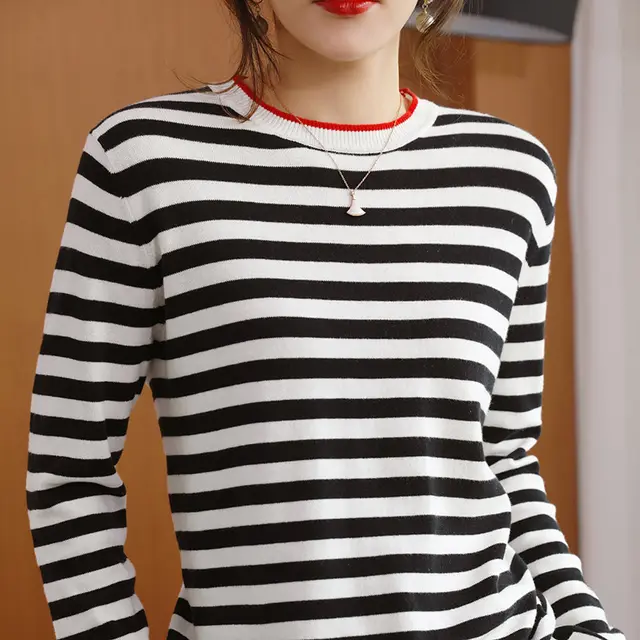 Round Neck Striped Sweater Women's Cotton Long Sleeve T shirt Navy striped Shirt Loose Bottoming Shirt Black - Shop at LoveMi