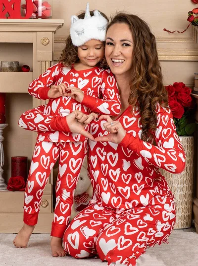 Beauty Clothing Valentine's Day Heart Printing Leisure Pajamas Pajamas Parent child Suit Picture Color E Mother M - Shop at LoveMi