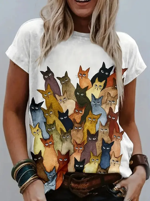 Multicolor Printing Round Neck Short Sleeve T shirt Nt01Yn4 - Shop at LoveMi