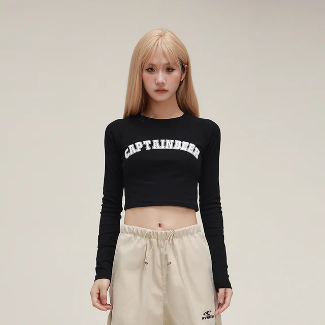 American Retro Design Round Neck Short Sleeve Top Navel Short Summer T shirt Female Fashion Black Long Sleeve - Shop at LoveMi