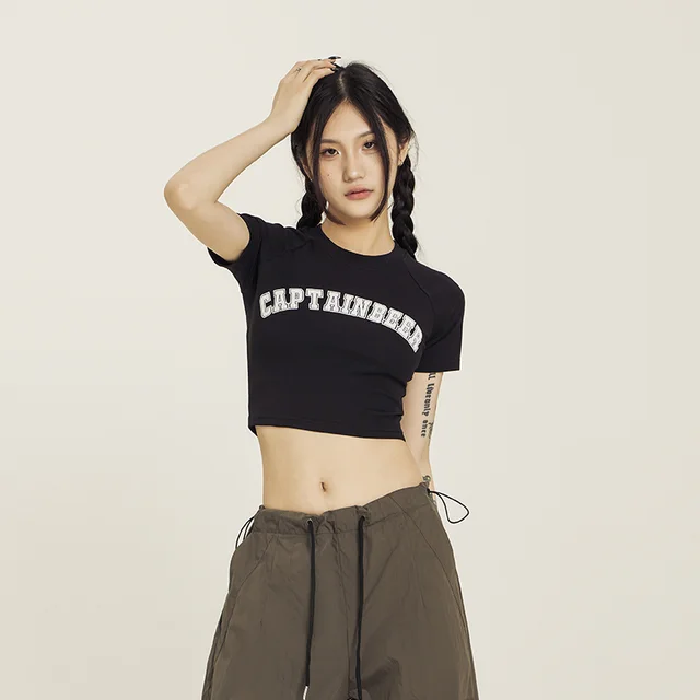 American Retro Design Round Neck Short Sleeve Top Navel Short Summer T shirt Female Fashion Black - Shop at LoveMi