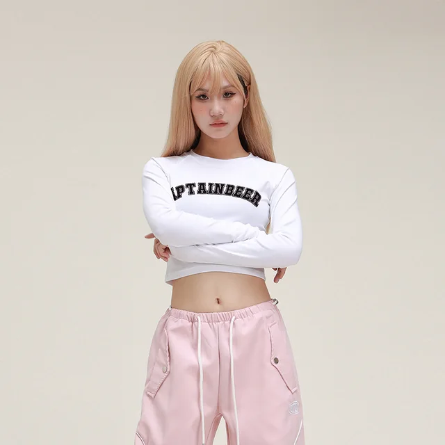 American Retro Design Round Neck Short Sleeve Top Navel Short Summer T shirt Female Fashion White Long Sleeve - Shop at LoveMi