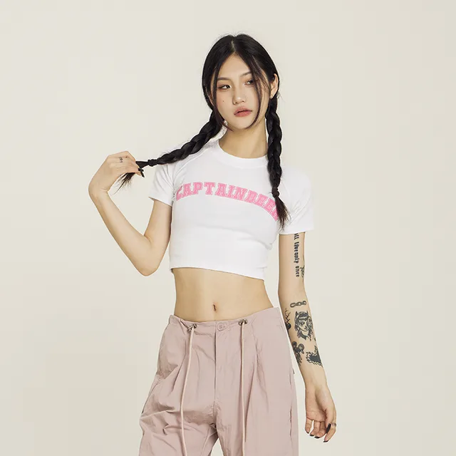 American Retro Design Round Neck Short Sleeve Top Navel Short Summer T shirt Female Fashion White - Shop at LoveMi