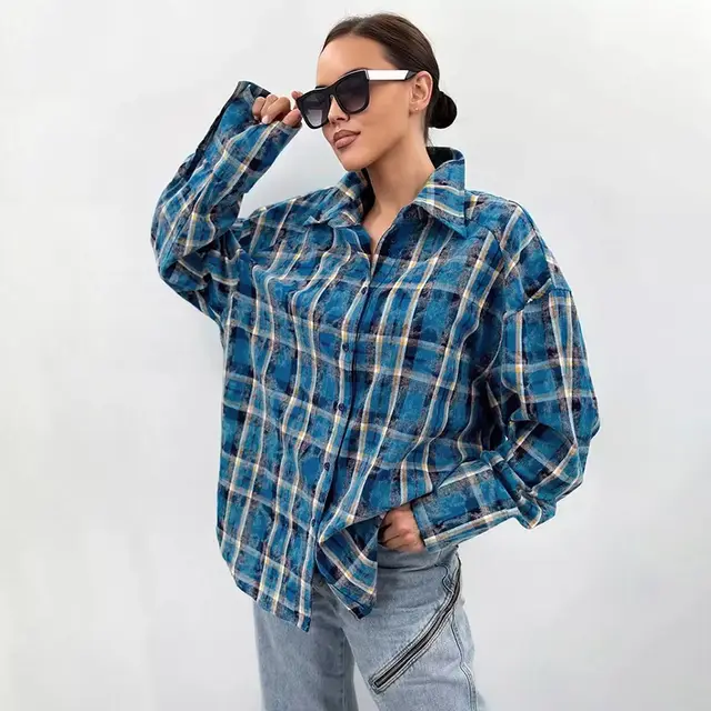 Distressed Retro Shirt Women's Mid length Plaid - Shop at LoveMi