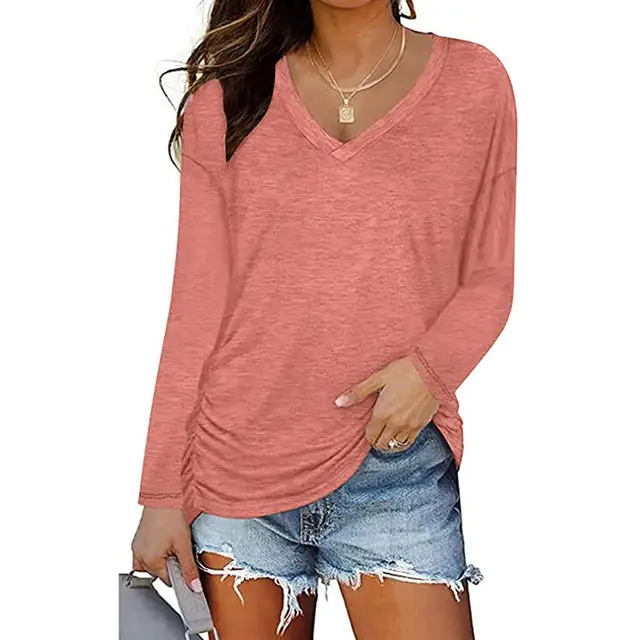 V neck Long sleeved Women's Top Fashion Casual Long Sleeve Top T shirt Pink - Shop at LoveMi