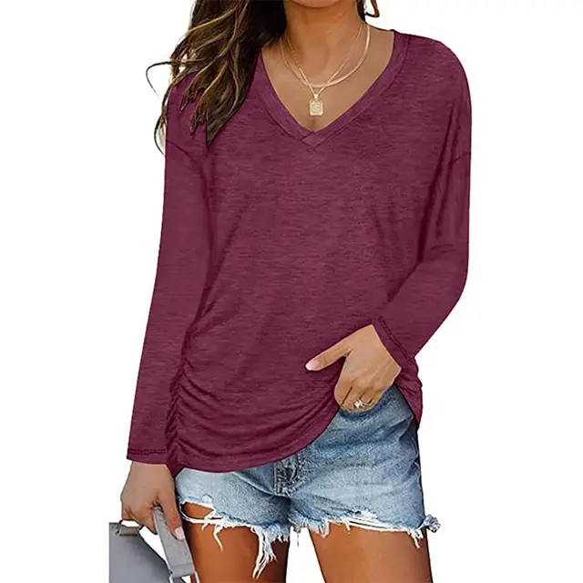 V neck Long sleeved Women's Top Fashion Casual Long Sleeve Top T shirt Purplish Red - Shop at LoveMi