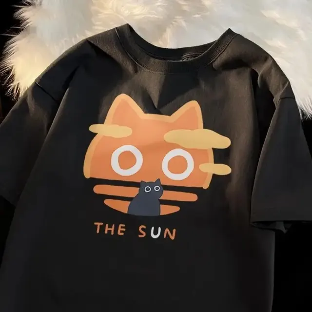 Summer Fan Cat And Women Pure Cotton T Shirt For Me Black Yellow Picture - Shop at LoveMi