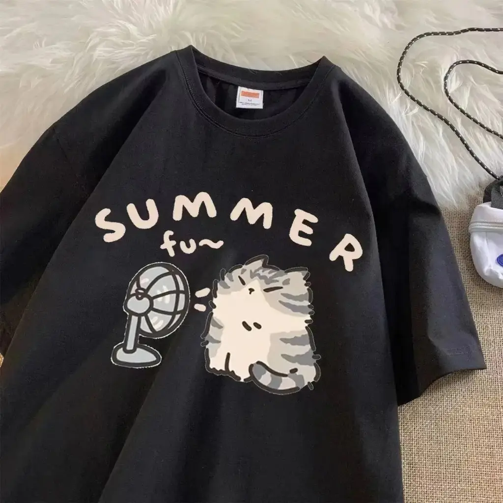 Summer Fan Cat And Women Pure Cotton T-Shirt For Me - Navy Blue Fan