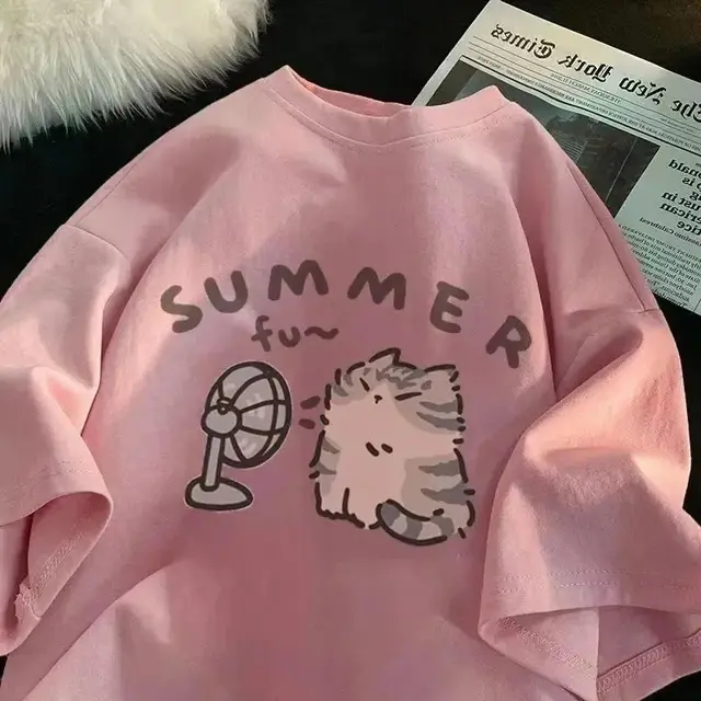 Summer Fan Cat And Women Pure Cotton T Shirt For Me Pink Fan - Shop at LoveMi