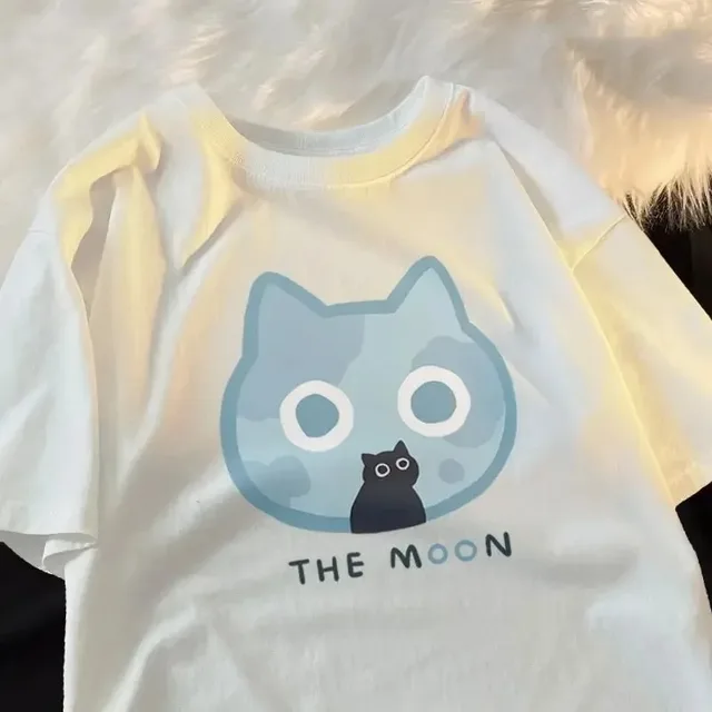 Summer Fan Cat And Women Pure Cotton T Shirt For Me White Blueprint - Shop at LoveMi