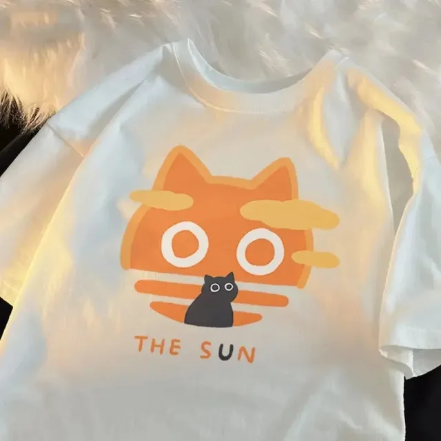 Summer Fan Cat And Women Pure Cotton T Shirt For Me White Yellow Picture - Shop at LoveMi