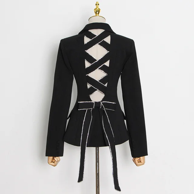 Women's Fashion Slim fit Lace Up V neck Long sleeved Hollow Jacket Black - Shop at LoveMi