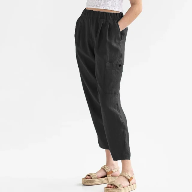 Loose High Waist Cotton And Linen Casual Pocket Casual Pants Women Black - Shop at LoveMi