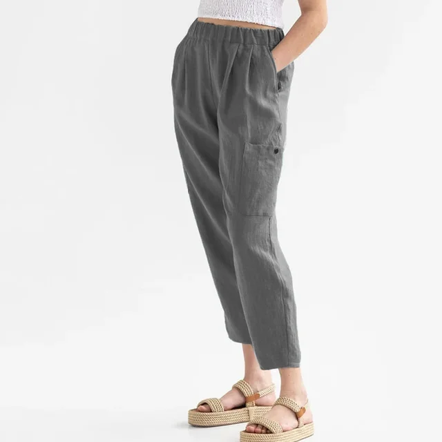Loose High Waist Cotton And Linen Casual Pocket Casual Pants Women Gray - Shop at LoveMi