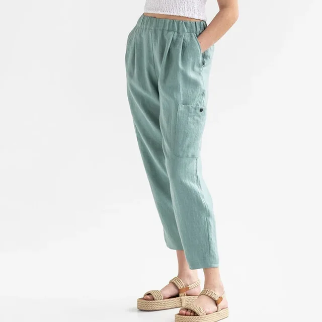 Loose High Waist Cotton And Linen Casual Pocket Casual Pants Women Green - Shop at LoveMi