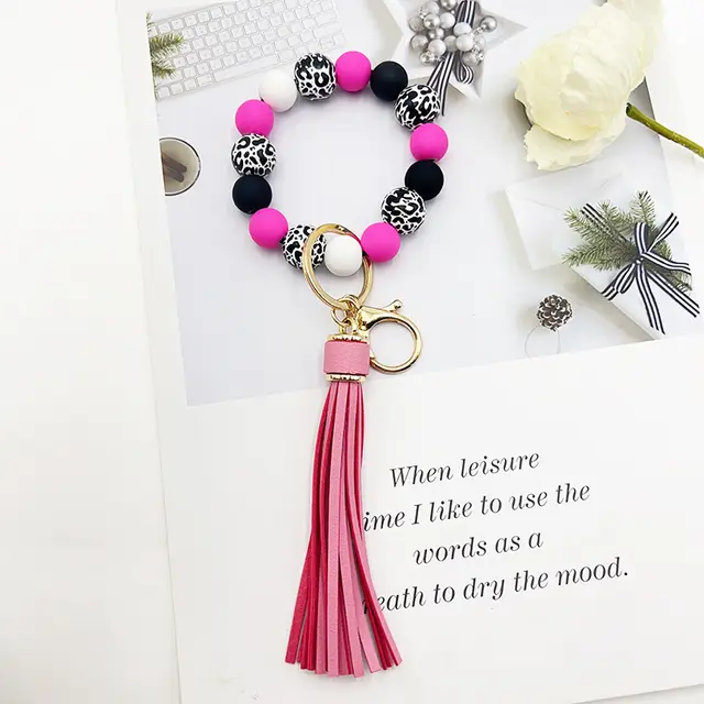 Black Leopard Print White Background Wooden Bead Keychain Dark Pink - Shop at LoveMi