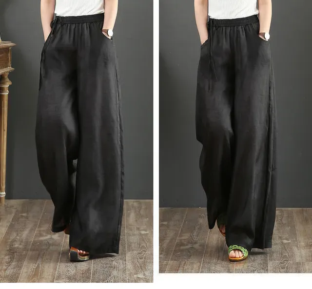 Artistic Linen Wide leg Pants Casual Cotton And Linen Mop Trousers Black - Shop at LoveMi