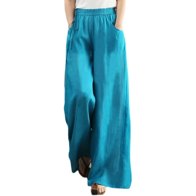 Artistic Linen Wide leg Pants Casual Cotton And Linen Mop Trousers Light Blue - Shop at LoveMi