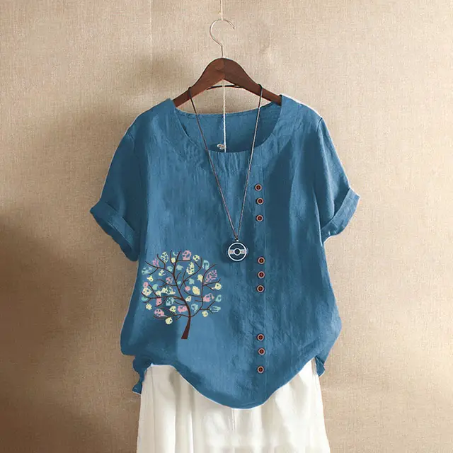 Women's Retro Plus Size Casual Loose Cotton linen Shirt Ink Blue - Shop at LoveMi