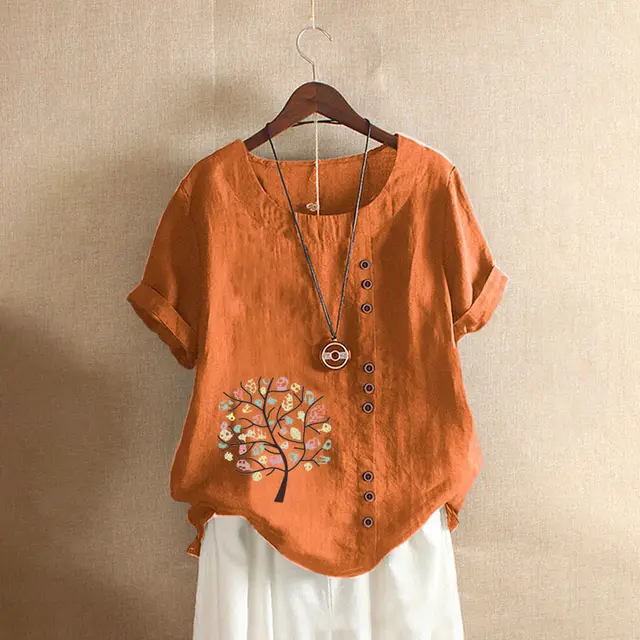 Women's Retro Plus Size Casual Loose Cotton linen Shirt Orange - Shop at LoveMi