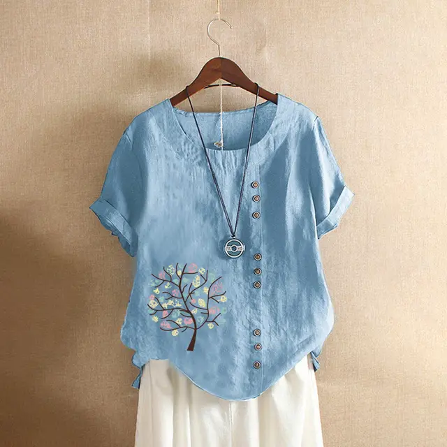 Women's Retro Plus Size Casual Loose Cotton linen Shirt Sky Blue - Shop at LoveMi