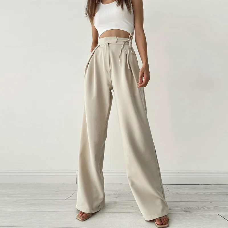 Knitted Casual Sports Trousers High Waist Loose Straight Wide Leg - Apricot