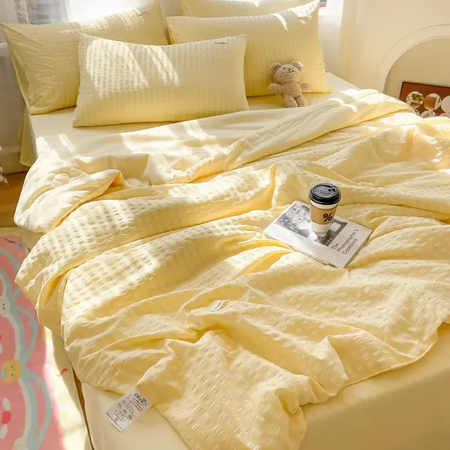 Korean Style Seersucker Washed Cotton Color Matching Bed Sheet Summer Quilt Four piece Bedding Set Tender Yellow - Shop at LoveMi