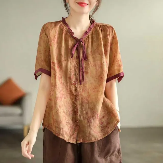Vintage Ramie Printed Shirt Lace up Lace Collar Top Single breasted Loose Red - Shop at LoveMi