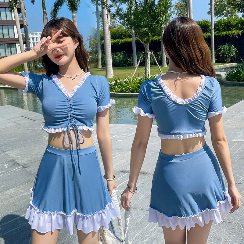 Swimsuit Female Skirt Style Split Conservative High Waist Blue - Shop at LoveMi