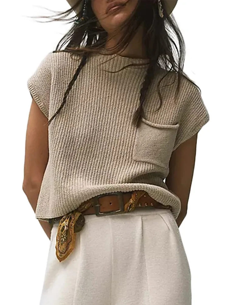 Women's Knitted Sleeveless Pocket Casual Rib Pullover Vest - Apricot