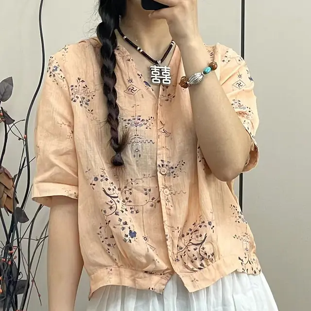 Women's V neck Single Breasted Plus Size Slimming Artistic Stitching Casual Printed Ramie Shirt Style1 - Shop at LoveMi