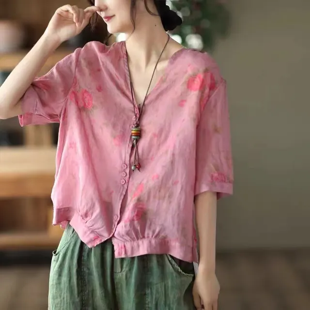 Women's V neck Single Breasted Plus Size Slimming Artistic Stitching Casual Printed Ramie Shirt Style4 - Shop at LoveMi