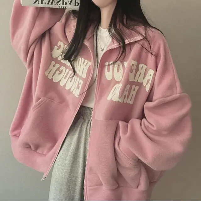 Women's Alphabet Plus Velvet Loose Cardigan Zipper Simple Sweater 51458 Velvet Pink - Shop at LoveMi