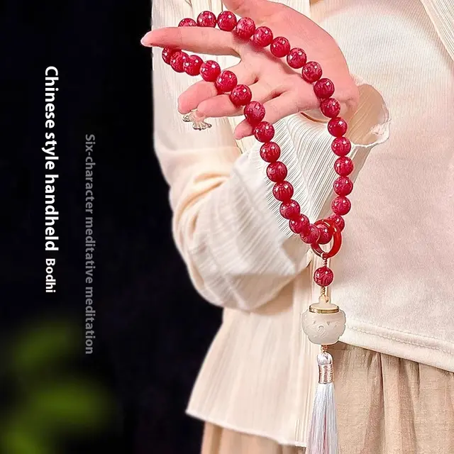 Six Words Motto Carving Hainan White Jade Bodhi Root Seeds More Than Sapphire Handheld Chain Buddha Prayer Beads String Red Proverb Handheld - Shop at LoveMi