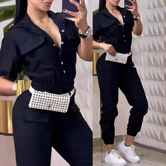 Casual Multi pocket Waist Elastic Cargo Overalls Black - Shop at LoveMi