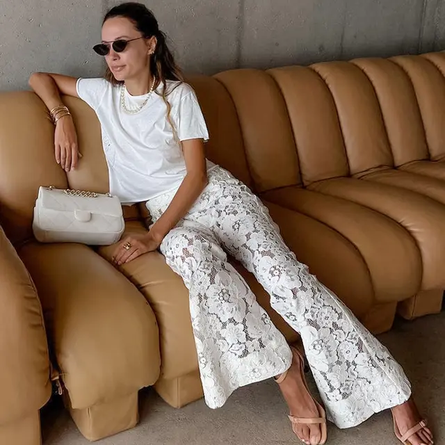 Cotton Lace White Jacquard See through High Waist Casual Flared Pants White - Shop at LoveMi