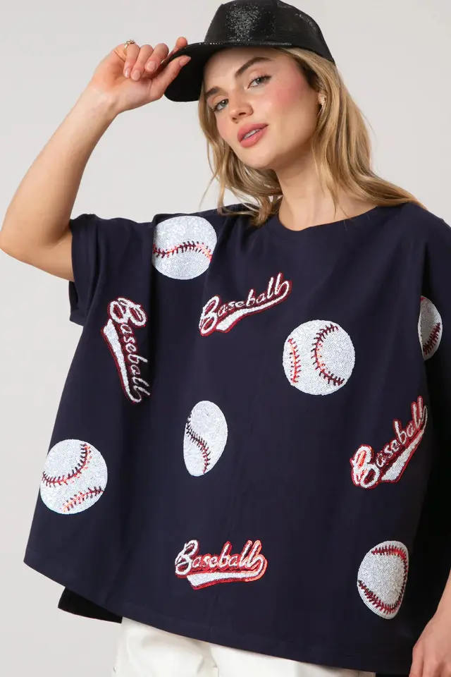 Baseball Sequined Short sleeved Top Loose fitting Casual T shirt Dark Blue - Shop at LoveMi