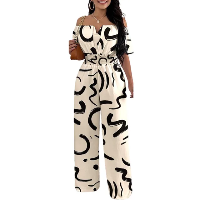 Women's Off neck Waist Trimming Loose Straight Jumpsuit Black Line Printing - Shop at LoveMi