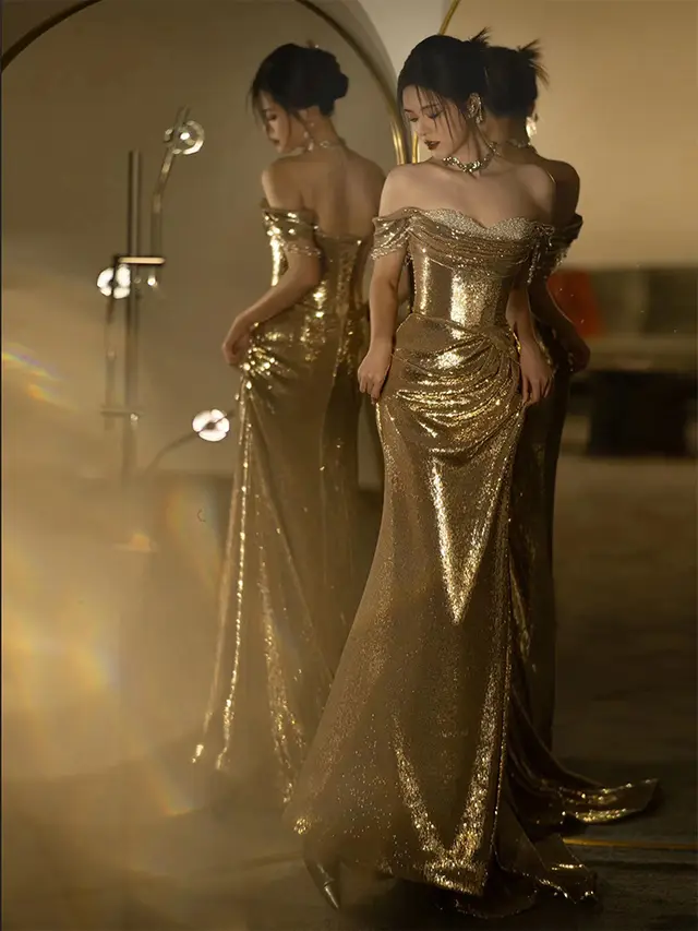 Gold Evening Dress Women's High grade Sequined Off shoulder Tube Top Toast Dress Bridal Fishtail Dress Gold - Shop at LoveMi