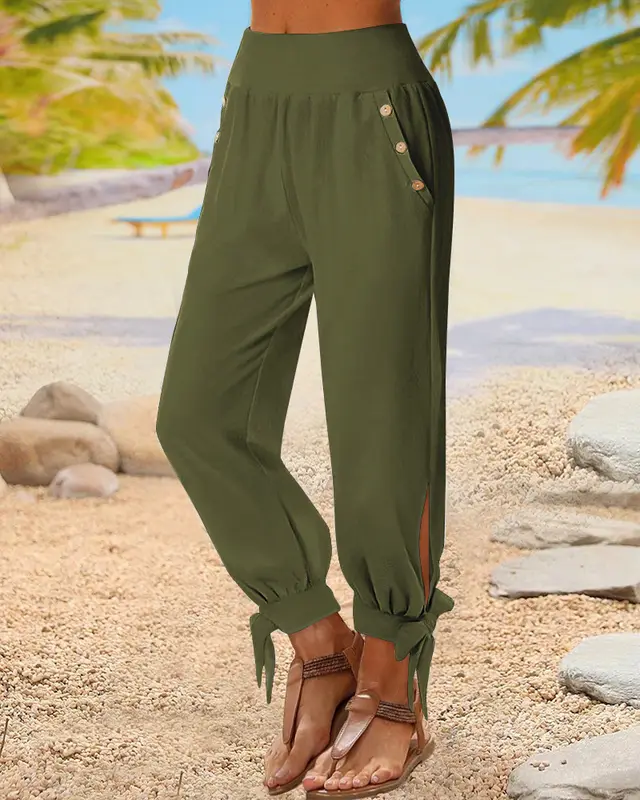 Women's Elastic Waist Fastener Decoration Solid Color Pants Ods4029B Green - Shop at LoveMi