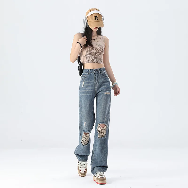 New High Waist Slimming And Wide Leg Jeans For Women - Blue Cropped