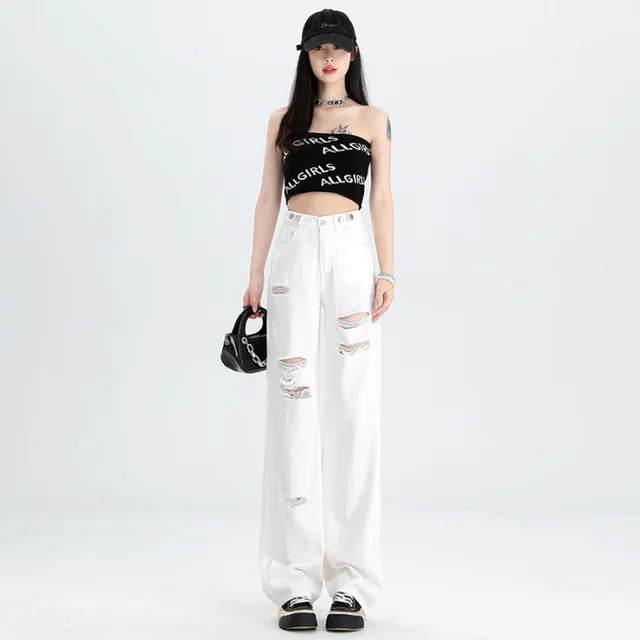 New Slimming High Waist Denim Pants All matching Slim Fit Straight White Lengthened - Shop at LoveMi