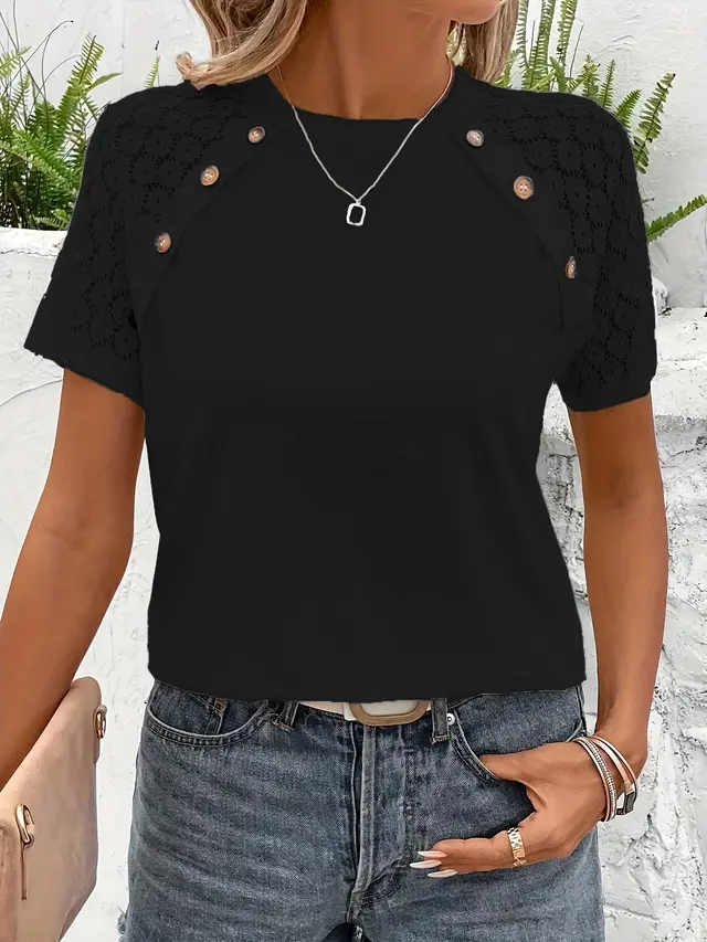 Women's Summer Plus Size Solid Color Round Neck Ruffled Short Sleeves T shirt Black - Shop at LoveMi