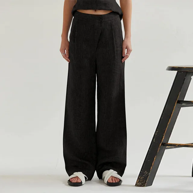 Linen Cotton Trousers Women's Side Pockets Black - Shop at LoveMi