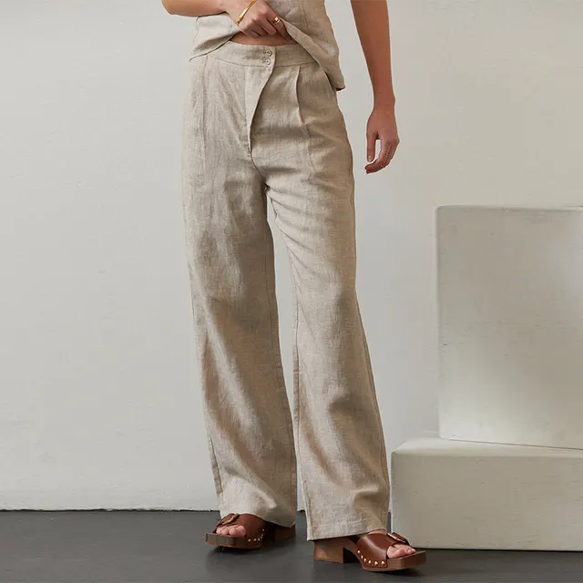 Linen Cotton Trousers Women's Side Pockets Hemp Color - Shop at LoveMi